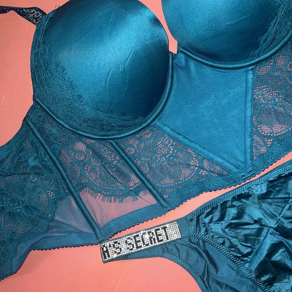 Victoria's Secret 34B,34DD,36C,36D,38DD CORSET TOP BRA SET BLUE TEAL SHINE STRAP